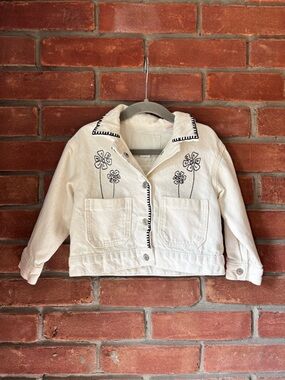 Zara Kids White Embroidered Denim Jacket - Floral Detail